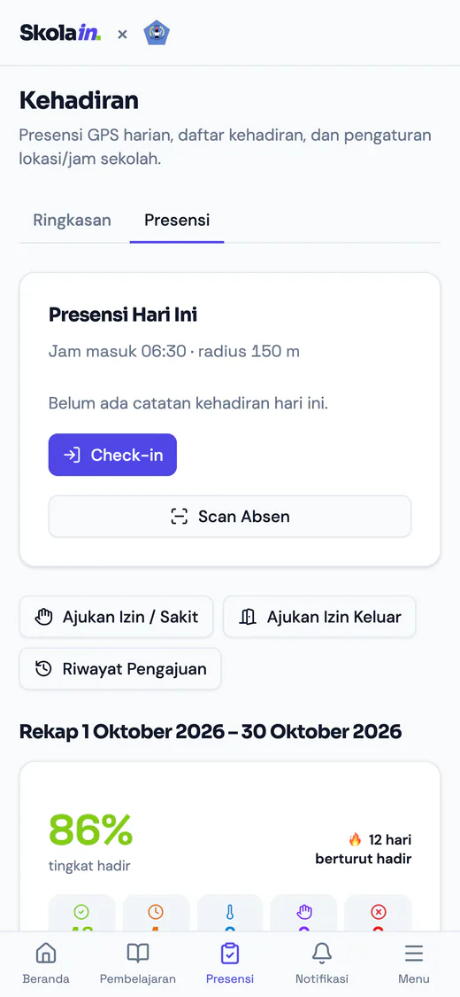 Presensi di ponsel dengan tombol check-in dan scan absen.